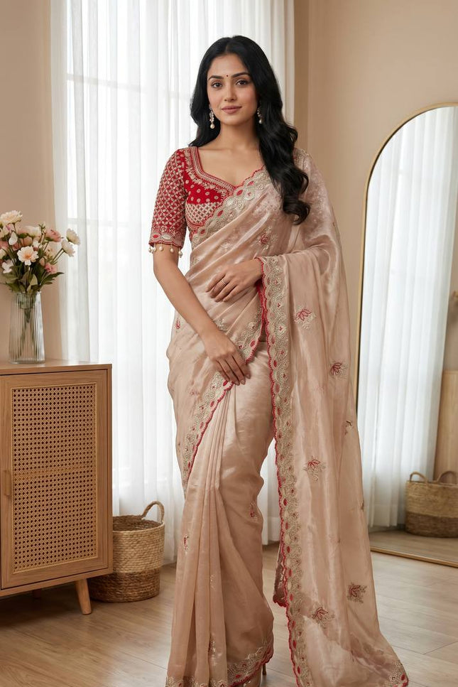Elegant Cut Border Saree with Readymade Mirror Blouse | Lotus Embroidery | Meena Work - Rosepetals Luxe