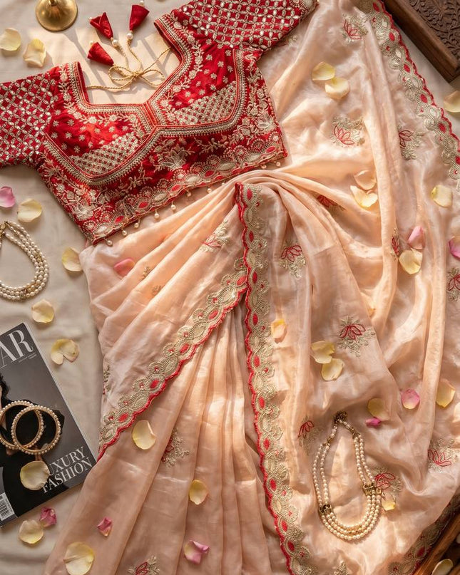 Elegant Cut Border Saree with Readymade Mirror Blouse | Lotus Embroidery | Meena Work - Rosepetals Luxe