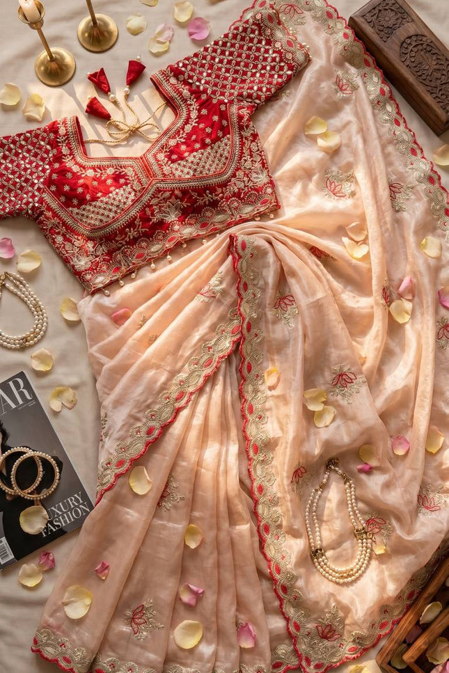 Elegant Cut Border Saree with Readymade Mirror Blouse | Lotus Embroidery | Meena Work - Rosepetals Luxe