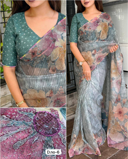 Elegant Digital Print Pure Tissue Organza Saree with Pitta Work and Sequins - Rosepetals Luxe