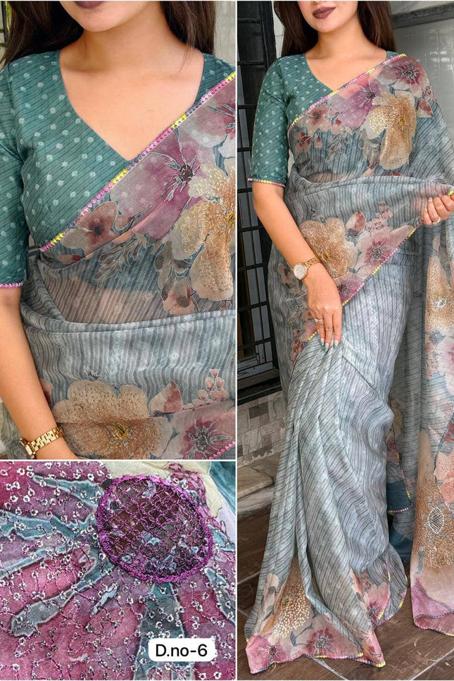 Elegant Digital Print Pure Tissue Organza Saree with Pitta Work and Sequins - Rosepetals Luxe