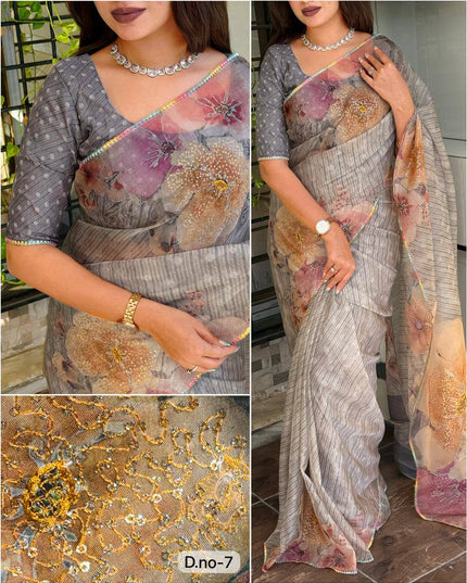 Elegant Digital Print Pure Tissue Organza Saree with Pitta Work and Sequins - Rosepetals Luxe