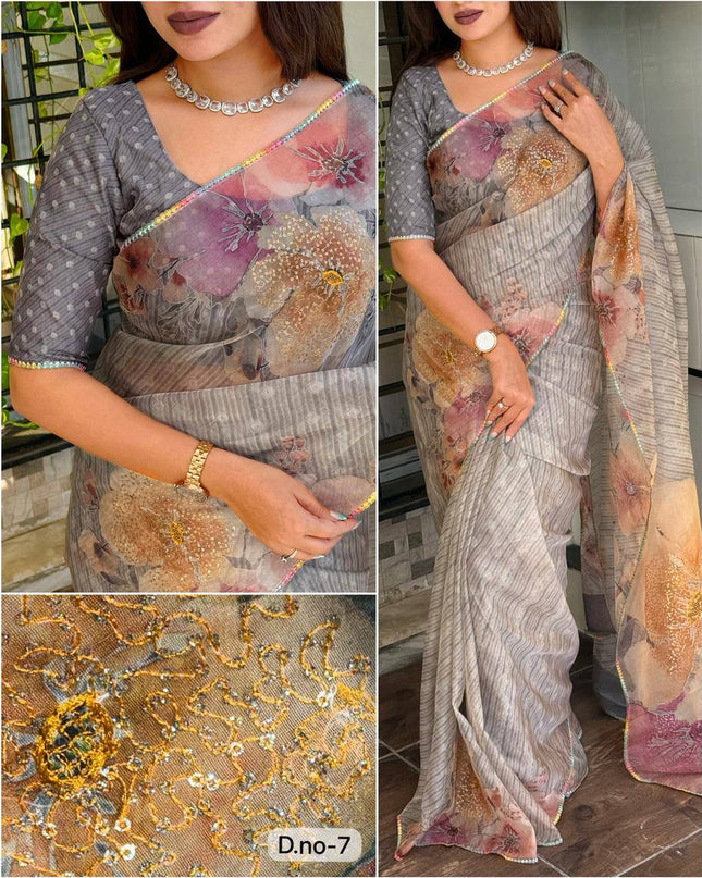 Elegant Digital Print Pure Tissue Organza Saree with Pitta Work and Sequins - Rosepetals Luxe