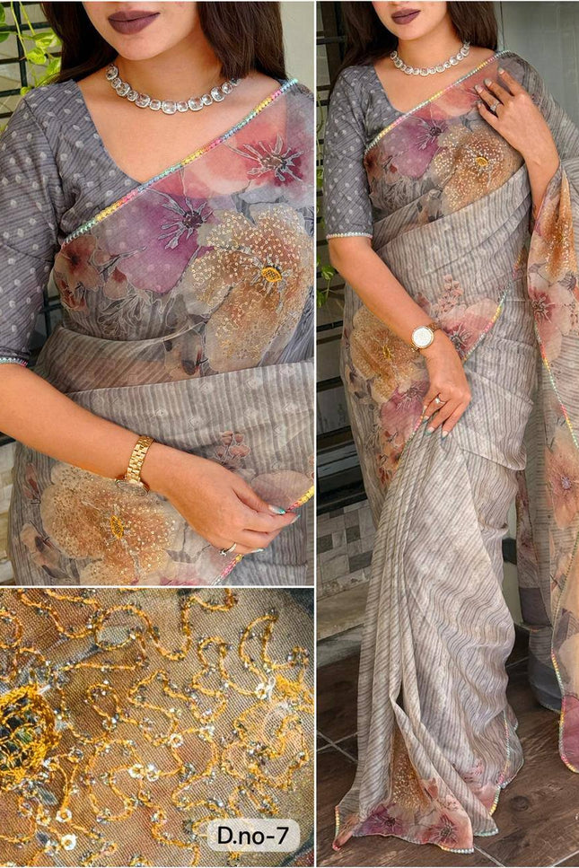 Elegant Digital Print Pure Tissue Organza Saree with Pitta Work and Sequins - Rosepetals Luxe