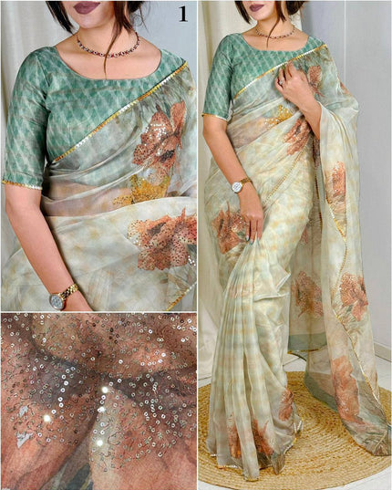 Elegant Digital Print Pure Tissue Organza Saree with Pitta Work and Sequins - Rosepetals Luxe