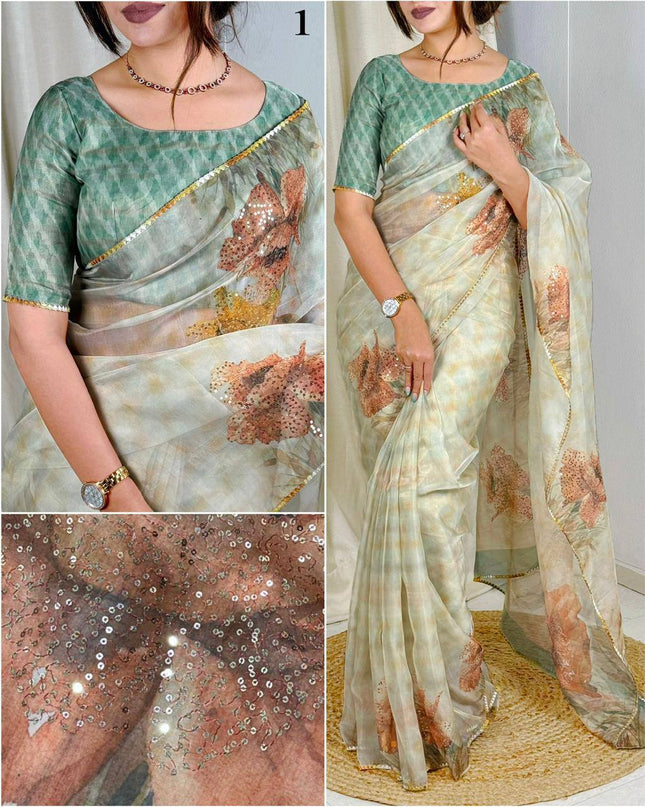 Elegant Digital Print Pure Tissue Organza Saree with Pitta Work and Sequins - Rosepetals Luxe