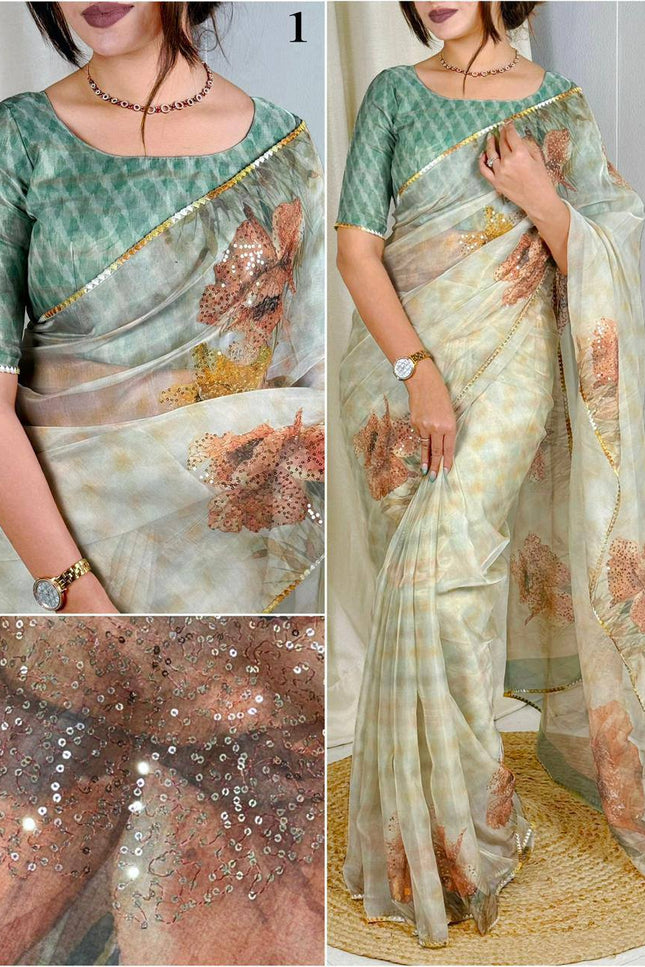 Elegant Digital Print Pure Tissue Organza Saree with Pitta Work and Sequins - Rosepetals Luxe