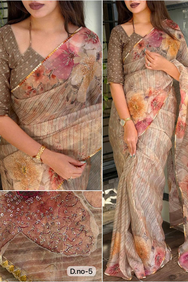 Elegant Digital Print Pure Tissue Organza Saree with Pitta Work and Sequins - Rosepetals Luxe