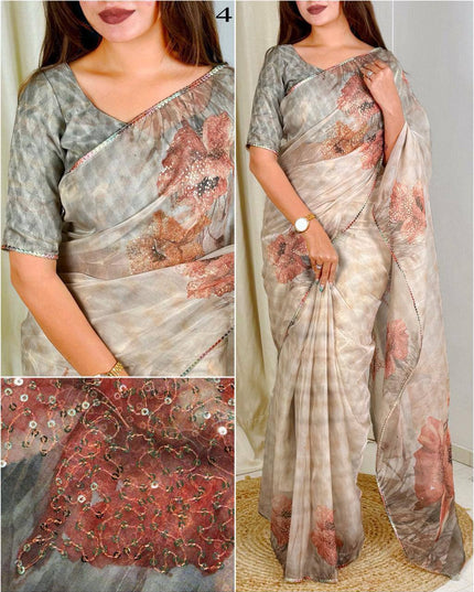 Elegant Digital Print Pure Tissue Organza Saree with Pitta Work and Sequins - Rosepetals Luxe