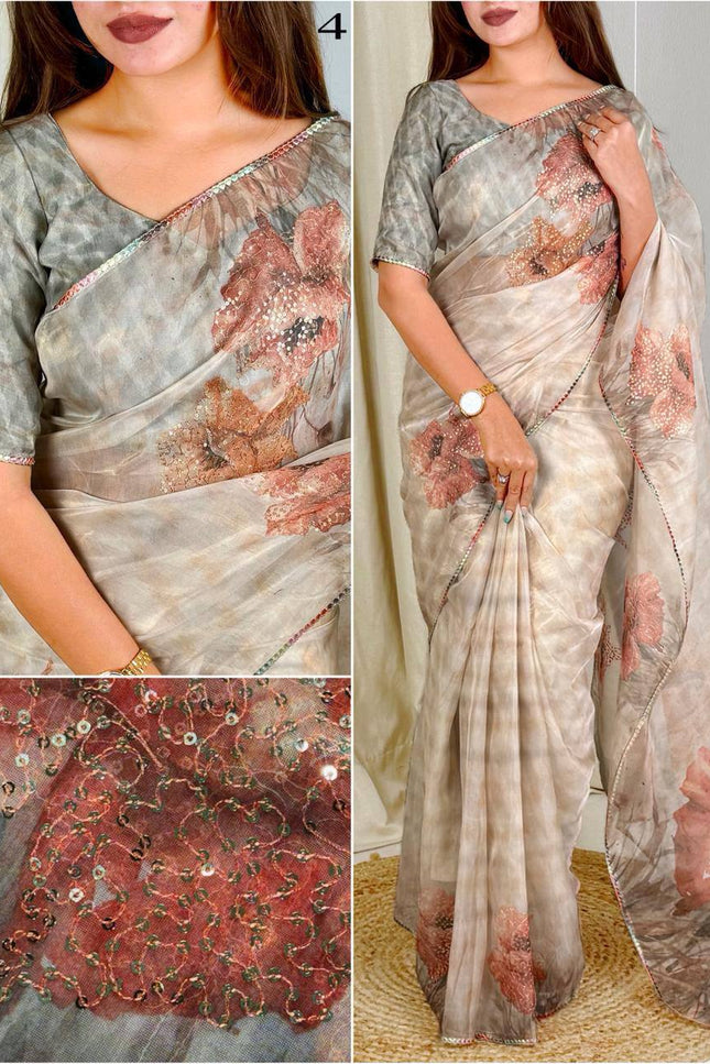 Elegant Digital Print Pure Tissue Organza Saree with Pitta Work and Sequins - Rosepetals Luxe
