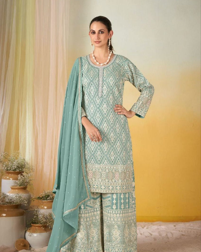 Elegant Georgette Embroidery Suit Set | Top Dupatta Plazzo - Rosepetals Luxe