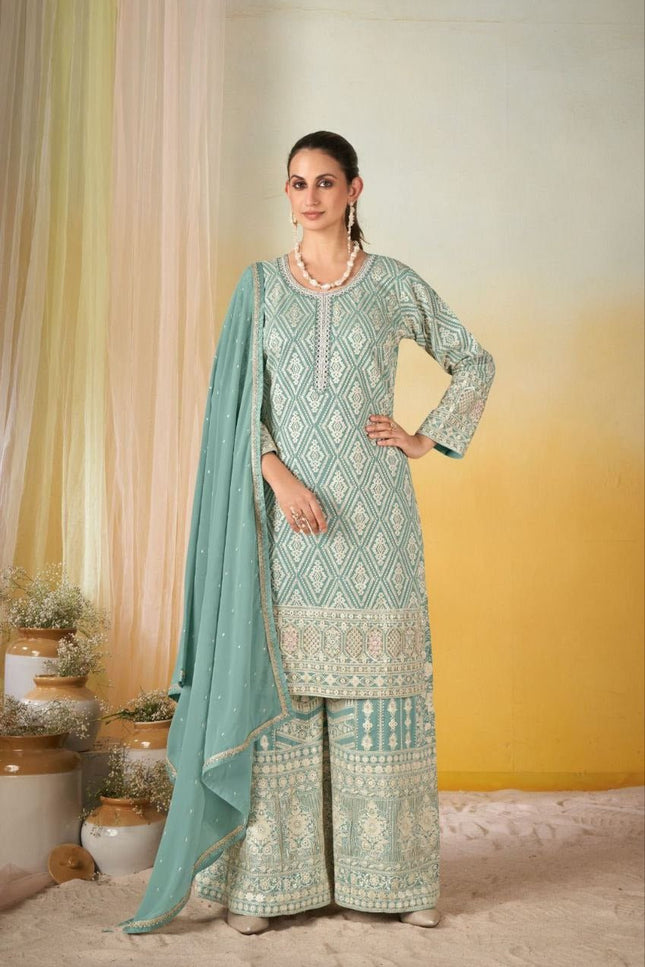 Elegant Georgette Embroidery Suit Set | Top Dupatta Plazzo - Rosepetals Luxe