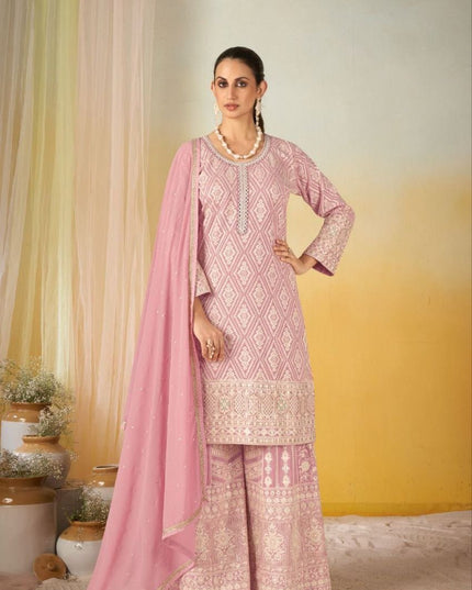 Elegant Georgette Embroidery Suit Set | Top Dupatta Plazzo - Rosepetals Luxe
