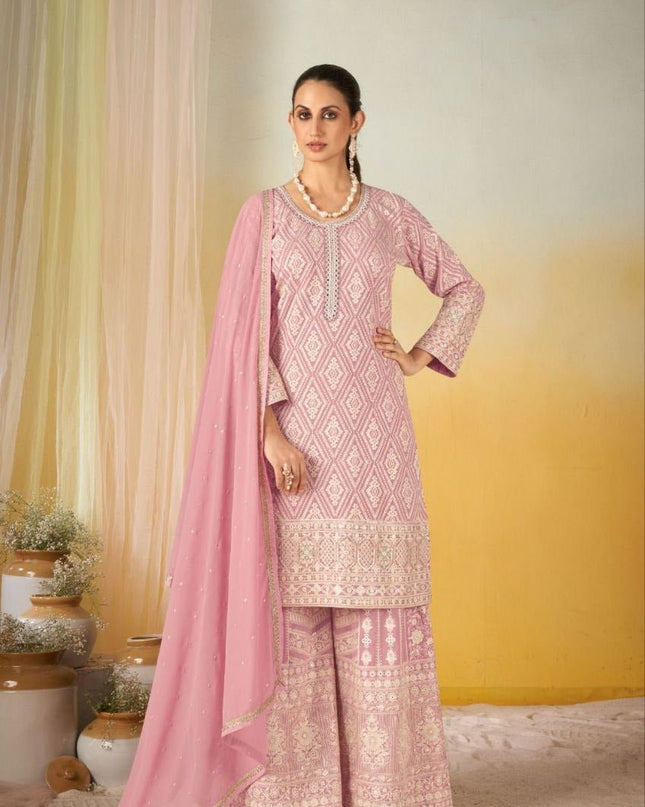Elegant Georgette Embroidery Suit Set | Top Dupatta Plazzo - Rosepetals Luxe