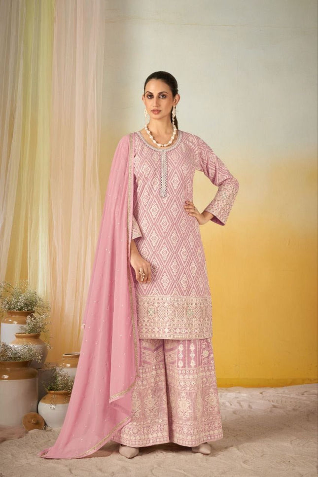Elegant Georgette Embroidery Suit Set | Top Dupatta Plazzo - Rosepetals Luxe