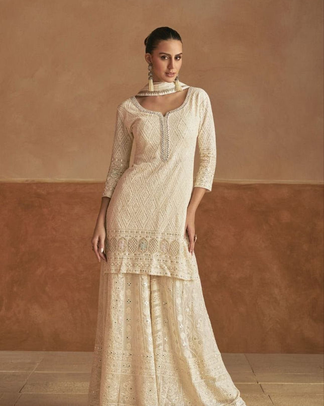 Elegant Georgette Embroidery Suit Set | Top Dupatta Plazzo - Rosepetals Luxe