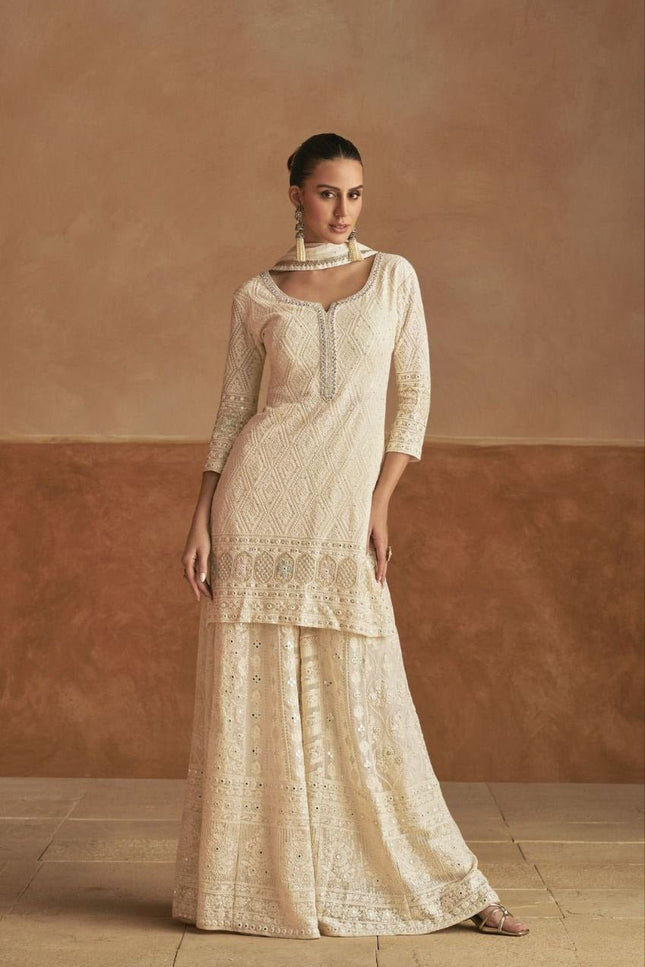 Elegant Georgette Embroidery Suit Set | Top Dupatta Plazzo - Rosepetals Luxe
