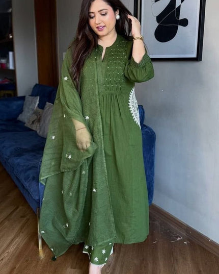 Elegant Handworked Cotton Suit Set | Matching Pant and Pure Cotton Dupatta - Rosepetals Luxe