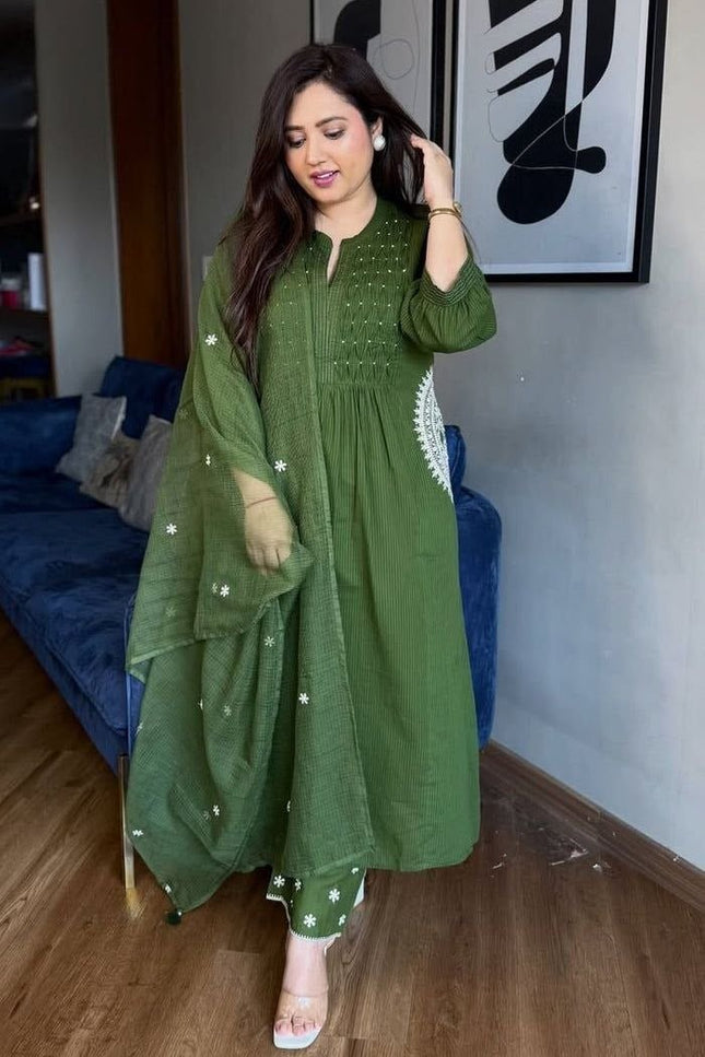 Elegant Handworked Cotton Suit Set | Matching Pant and Pure Cotton Dupatta - Rosepetals Luxe
