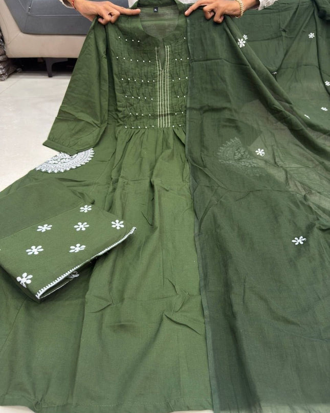 Elegant Handworked Cotton Suit Set | Matching Pant and Pure Cotton Dupatta - Rosepetals Luxe