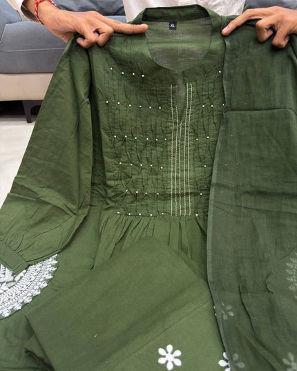 Elegant Handworked Cotton Suit Set | Matching Pant and Pure Cotton Dupatta - Rosepetals Luxe