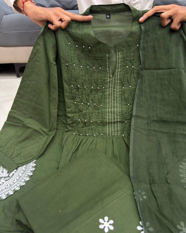 Elegant Handworked Cotton Suit Set | Matching Pant and Pure Cotton Dupatta - Rosepetals Luxe