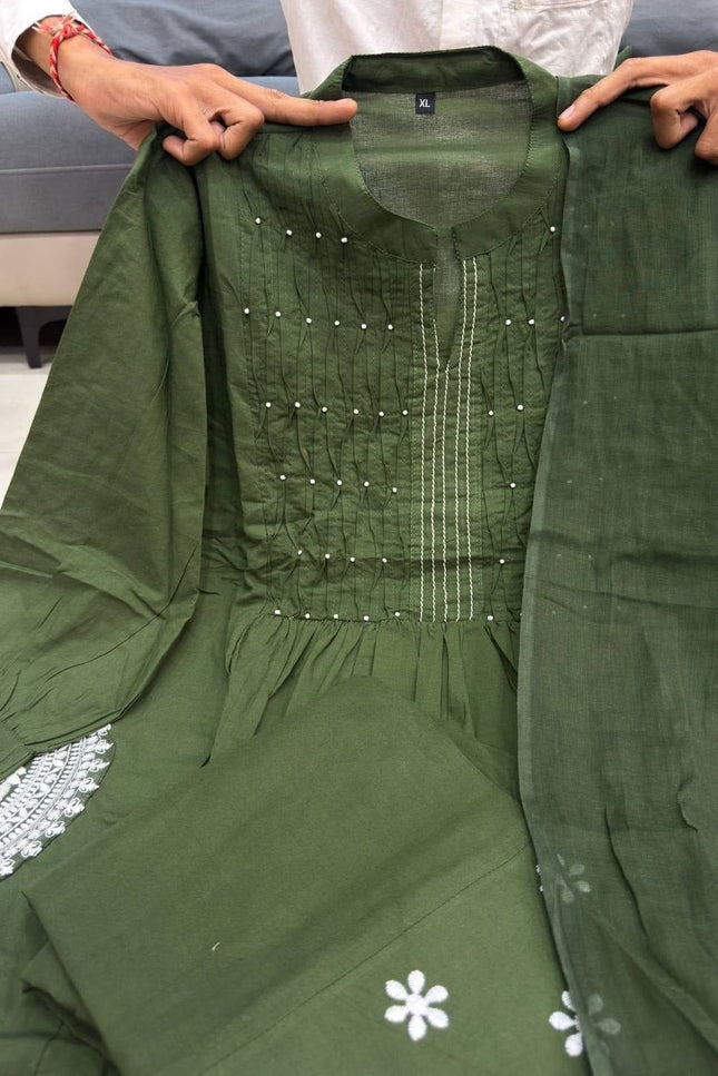 Elegant Handworked Cotton Suit Set | Matching Pant and Pure Cotton Dupatta - Rosepetals Luxe