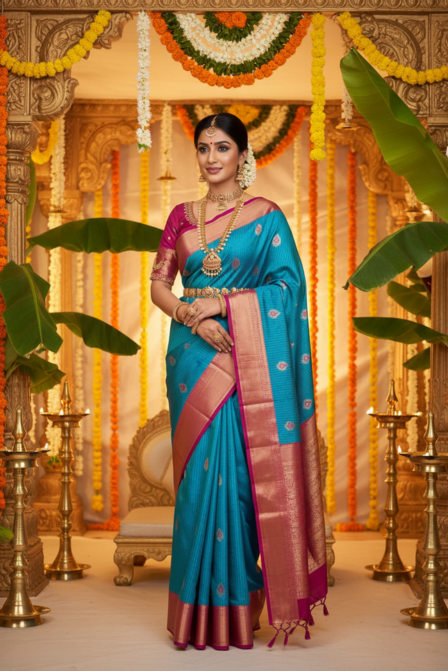 Elegant Kanchipuram Semi Silk Saree | Zari Woven Border | Festive Drape - Rosepetals Luxe