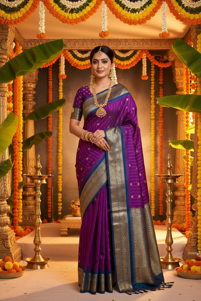 Elegant Kanchipuram Semi Silk Saree | Zari Woven Border | Festive Drape - Rosepetals Luxe