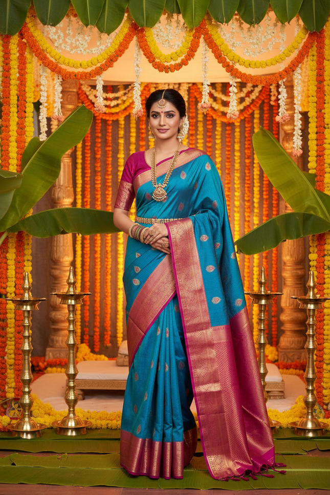 Elegant Kanchipuram Semi Silk Saree | Zari Woven Border | Festive Drape - Rosepetals Luxe
