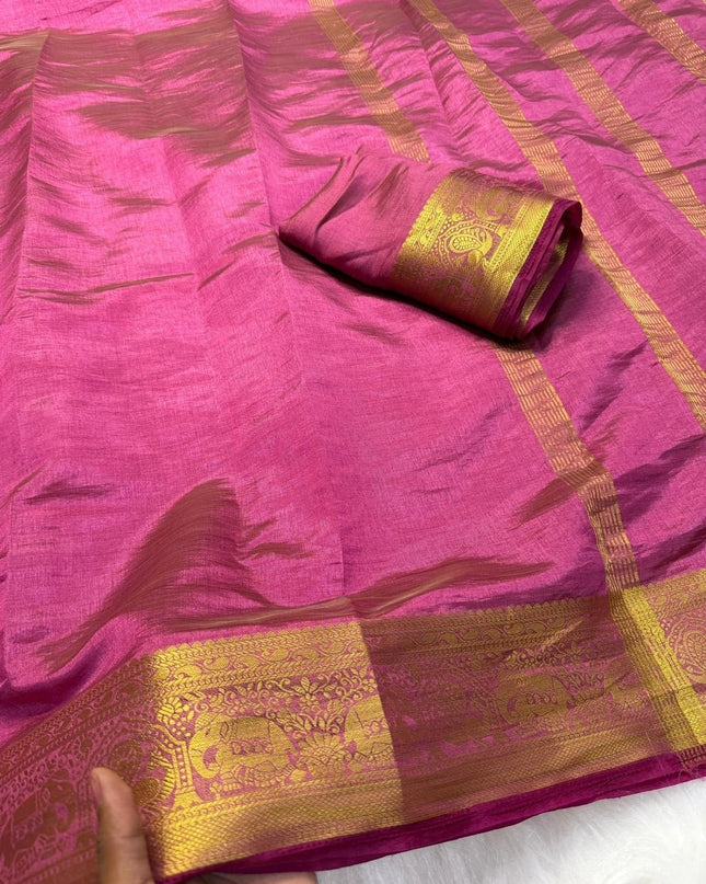Elegant Luxe Tusser Silk Saree with Elephant Border and Running Blouse - Rosepetals Luxe