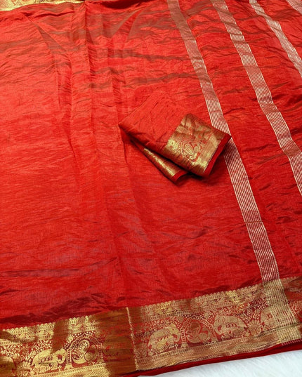 Elegant Luxe Tusser Silk Saree with Elephant Border and Running Blouse - Rosepetals Luxe