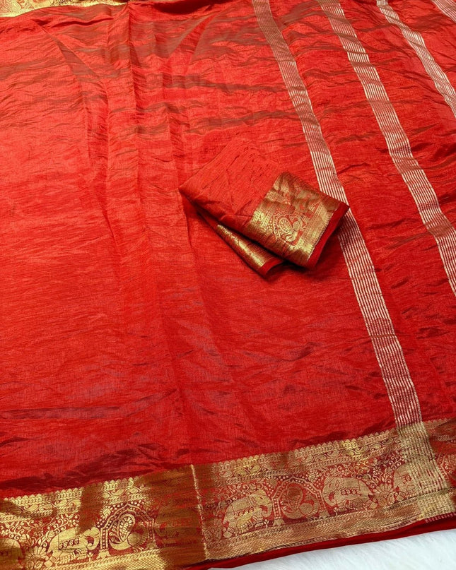Elegant Luxe Tusser Silk Saree with Elephant Border and Running Blouse - Rosepetals Luxe