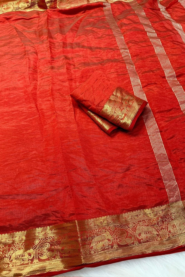 Elegant Luxe Tusser Silk Saree with Elephant Border and Running Blouse - Rosepetals Luxe