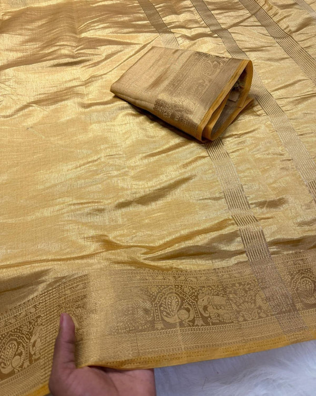 Elegant Luxe Tusser Silk Saree with Elephant Border and Running Blouse - Rosepetals Luxe