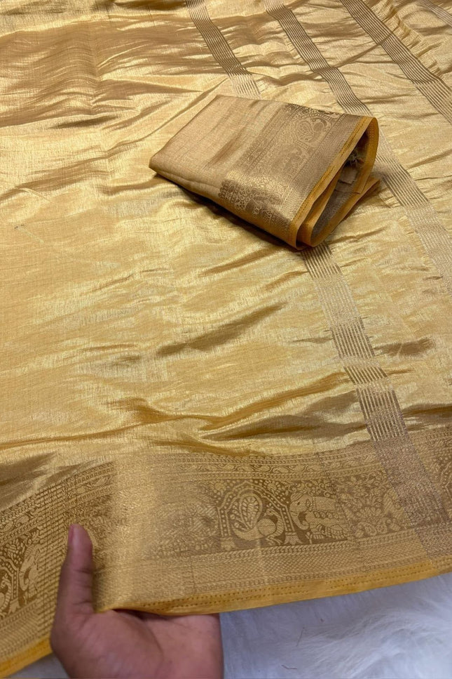 Elegant Luxe Tusser Silk Saree with Elephant Border and Running Blouse - Rosepetals Luxe