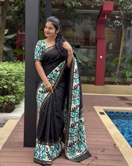 Elegant Mangalgiri Silk Saree with Kalamkari Gap Border and Printed Pallu - Rosepetals Luxe