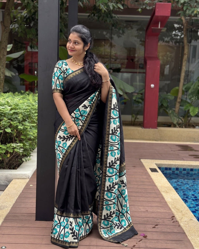 Elegant Mangalgiri Silk Saree with Kalamkari Gap Border and Printed Pallu - Rosepetals Luxe
