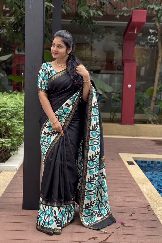 Elegant Mangalgiri Silk Saree with Kalamkari Gap Border and Printed Pallu - Rosepetals Luxe