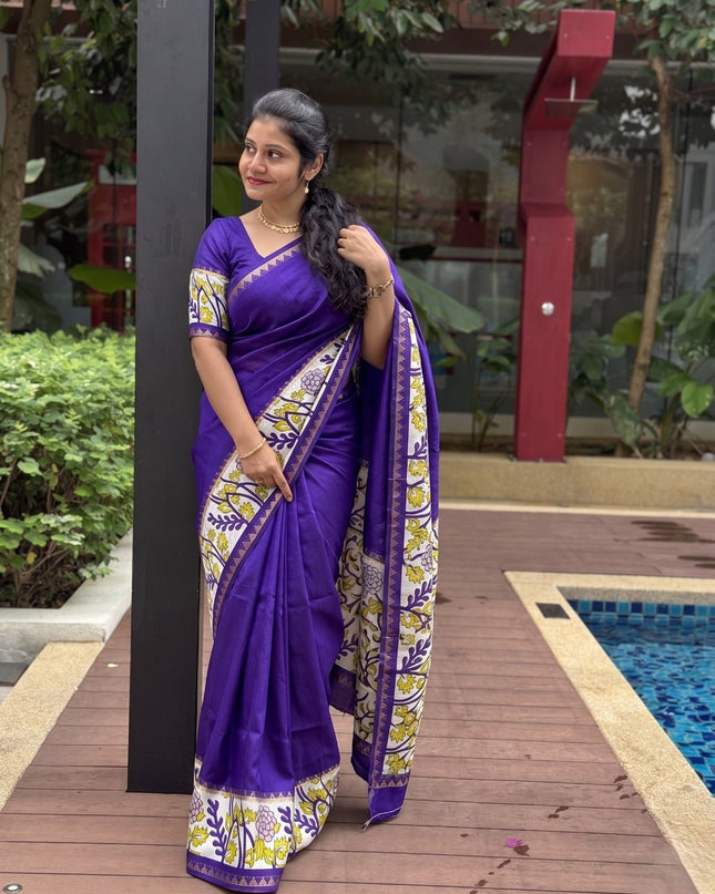Elegant Mangalgiri Silk Saree with Kalamkari Gap Border and Printed Pallu - Rosepetals Luxe