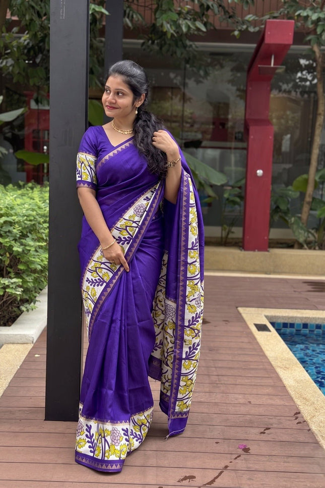 Elegant Mangalgiri Silk Saree with Kalamkari Gap Border and Printed Pallu - Rosepetals Luxe