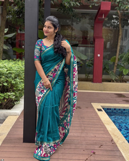 Elegant Mangalgiri Silk Saree with Kalamkari Gap Border and Printed Pallu - Rosepetals Luxe
