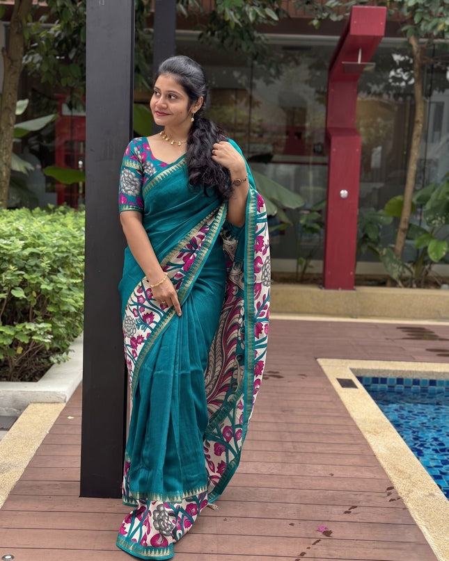 Elegant Mangalgiri Silk Saree with Kalamkari Gap Border and Printed Pallu - Rosepetals Luxe