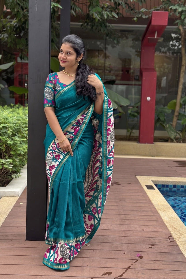 Elegant Mangalgiri Silk Saree with Kalamkari Gap Border and Printed Pallu - Rosepetals Luxe