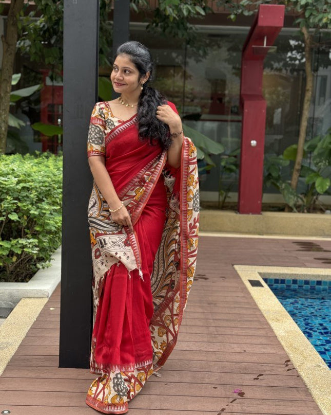 Elegant Mangalgiri Silk Saree with Kalamkari Gap Border and Printed Pallu - Rosepetals Luxe