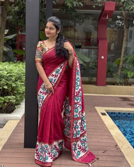 Elegant Mangalgiri Silk Saree with Kalamkari Gap Border and Printed Pallu - Rosepetals Luxe