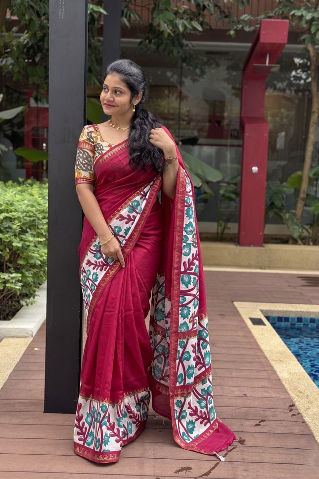 Elegant Mangalgiri Silk Saree with Kalamkari Gap Border and Printed Pallu - Rosepetals Luxe