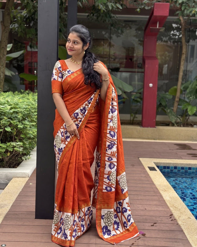 Elegant Mangalgiri Silk Saree with Kalamkari Gap Border and Printed Pallu - Rosepetals Luxe