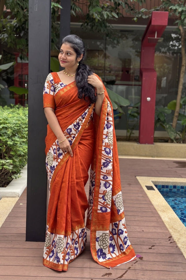 Elegant Mangalgiri Silk Saree with Kalamkari Gap Border and Printed Pallu - Rosepetals Luxe