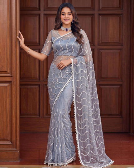 Elegant Net Saree with Beads | Sequins and Pearls Embroidery Work | Unstitched Net Blouse - Rosepetals Luxe